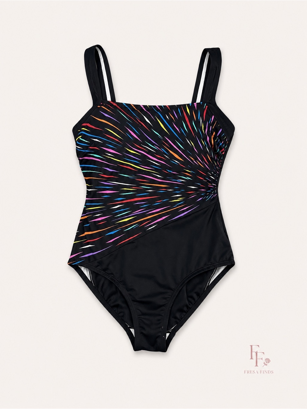 Reebok One Piece Swimsuit Size 8 Black Multicolor Ruched Tummy Control Swimwear